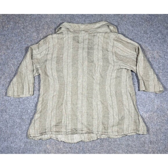 FLAX Linen Button Up Shirt Women’s XL Oatmeal Lagenlook 3/4 Sleeve Striped Tunic - Picture 2 of 9